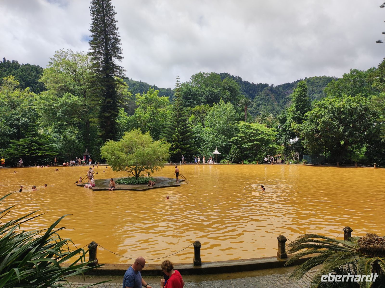 Thermalbecken (Farbe entsteht durch die Minerale und Eisen im 38°c heißen Wasser) im Park Terra Nostra auf Sao Miguel, Portugal