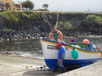 Lagoa, Eintreffen eines Fischerbootes vom Fang...