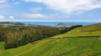 Azoren, Insel Terceira, Blick über die Weiden zum Monte Brazil