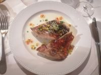 gegrilltes Papageienfischfilet mit Süßkartoffelpüree und frischem Gemüse