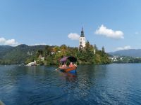 Ein Pletnaboot auf dem Bleder See, dahinter die Marienkirche 
