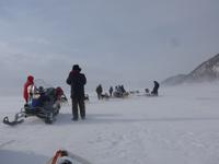Russland, Baikalsee, Listwjanka, Schlittenhunde-/Schneemobilausflug