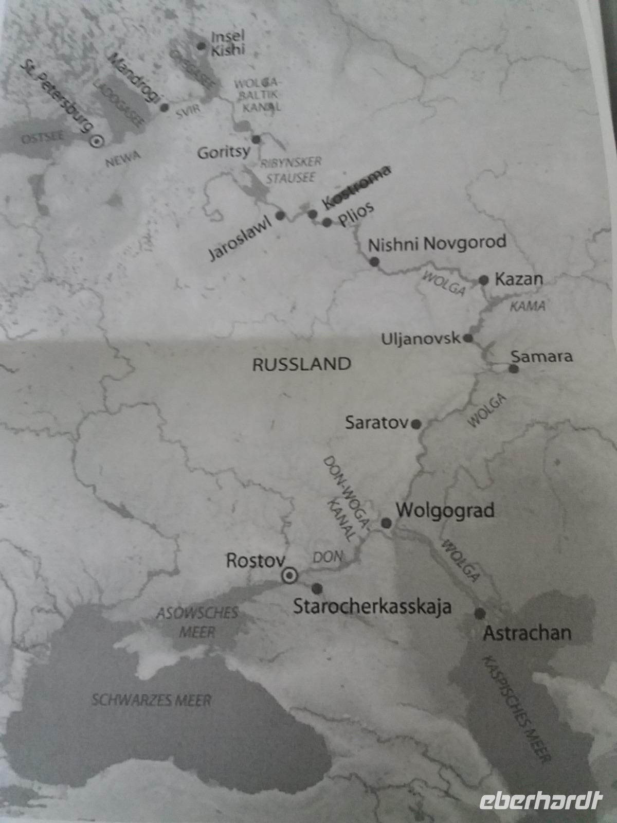 Schiffsroute der Anton Tschechow von St.Petersburg bis Rostov am Don
