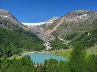 Fahrtimpressionen mit dem Bernina-Express (Blick von Alp Grüm zum Palüsee und Palü-Gletscher)