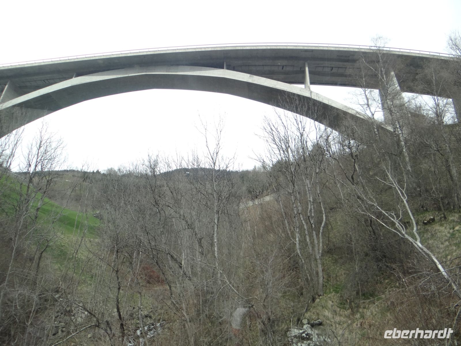 Glacier Express, unten der Rhein, oben spannt sich die Brücke.