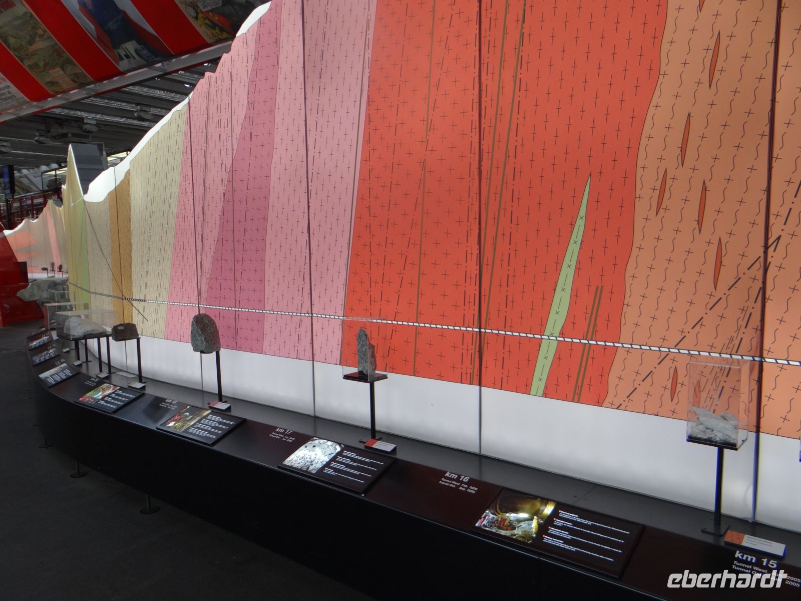 Luzern, Verkehrshaus, Lokomotivhalle. Durch so viele verschiedene Gesteinsschichten musste man sich beim Gotthardbasistunnel graben. 