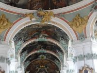 St. Gallen, die dunklen Deckenfresken der Stiftskirche setzen sich von der hellen Rahmung ab. 