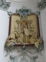 St. Gallen, Stiftskirche, die Sage um den Mönch Gallus wird in mehreren Bildern wie auf einer Theaterbühne erzählt.