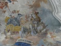 Luzern, Jesuitenkirche, der Hl. Franz Xaver hat die Tiere der damals bekannten Kontinente angespannt.