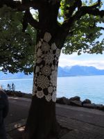 094 Montreux Uferpromenade - Kunstobjekt Bäume sind mit Häkelarbeiten geschmückt