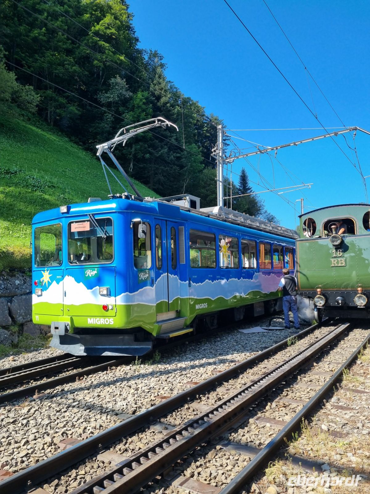 Fahrt mit der Rigi-Dampfbahn nach Rigi-Kulm... (Gegenzug an der Station 