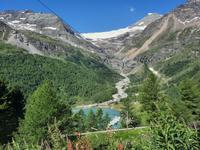 Fahrtimpressionen mit dem Bernina-Express (Blick von Alp Grüm zum Palüsee und Palü-Gletscher)