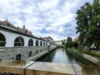 Blick auf die Ljubljanica und links die Markthallen von Ljubljana