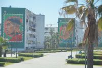 Als Fußballspieler-Briefmarken gestaltete Hausfassanden in Anfa (Alt-Casablanca)