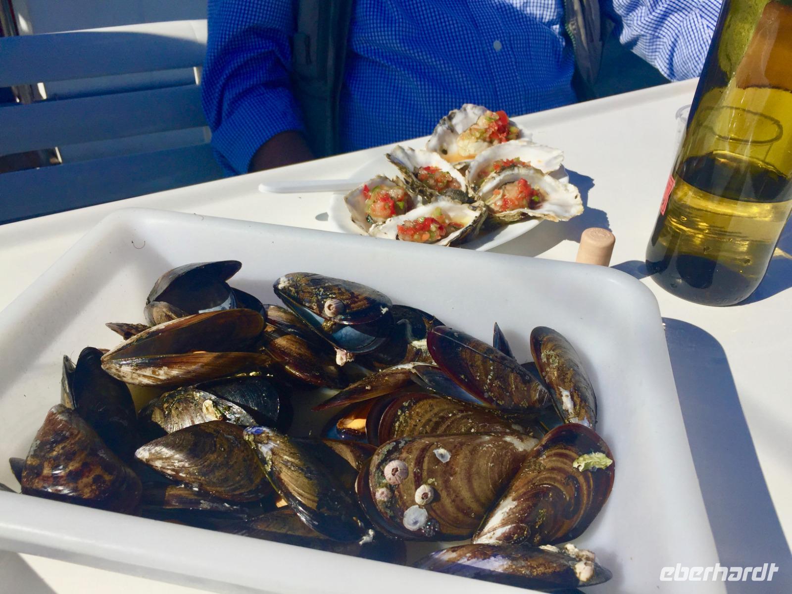 Miesmuscheln und gekochte Austern, lecker! 
