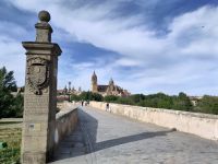 Vom Südufer des Tormes aus gesehen: Salamancas Kathedrale mit Römerbrücke