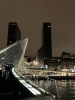 Spanien, Bilbao, Zubizuri Brücke bei Nacht