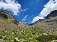 Südtirol, Vinschgau, Sulden, Blick vom Rosimboden Richtung Wasserfall und Gletscher