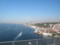 Blick auf Ortaköy-Moschee von der Märtyrer Brücke, 15 Juli, vorher, Bosporus Brücke  die Istanbul, Türkei