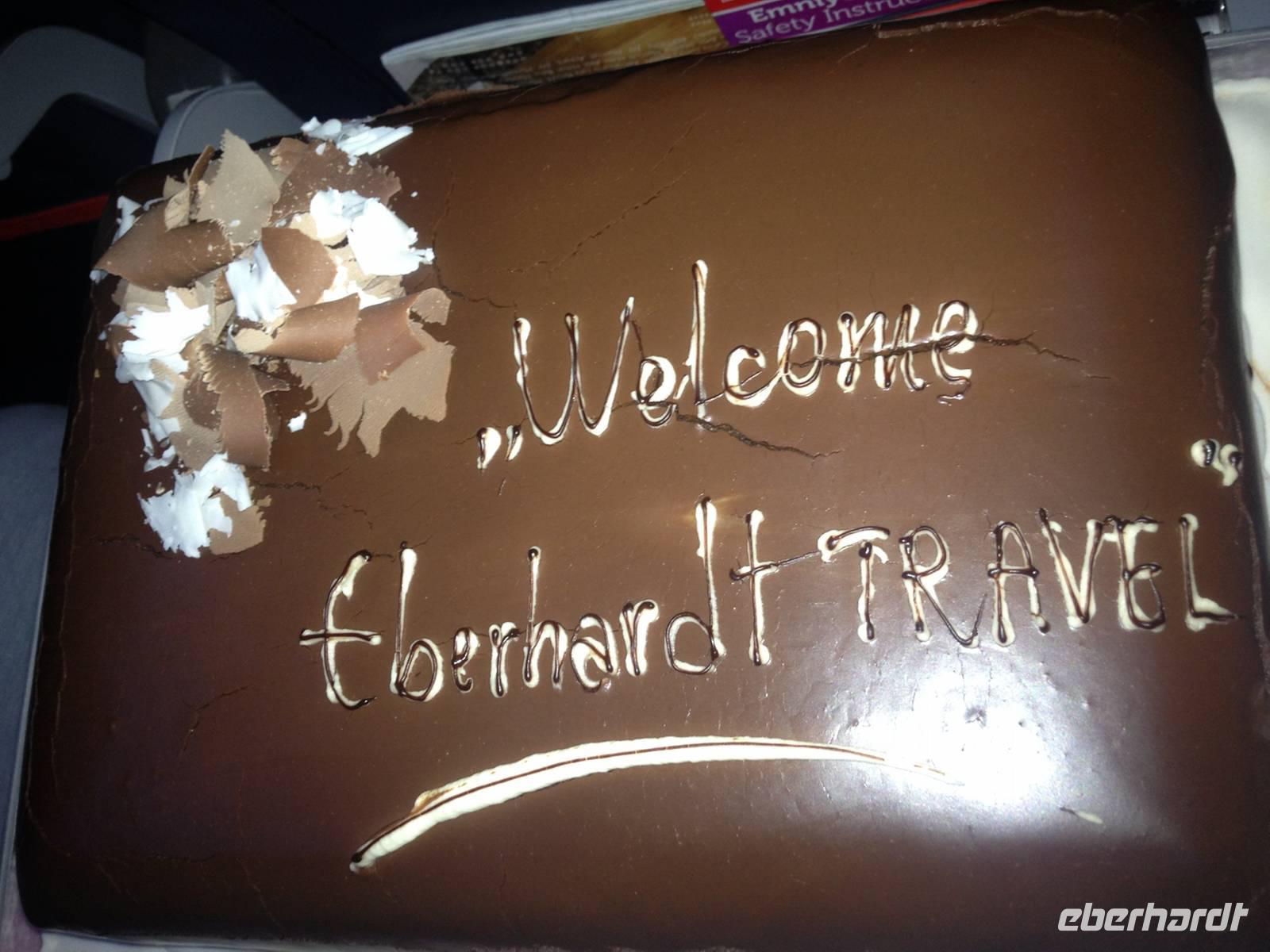 Eine schokoladige Begrüßung von Turkish Airlines für unsere Gruppe im Flugzeug.