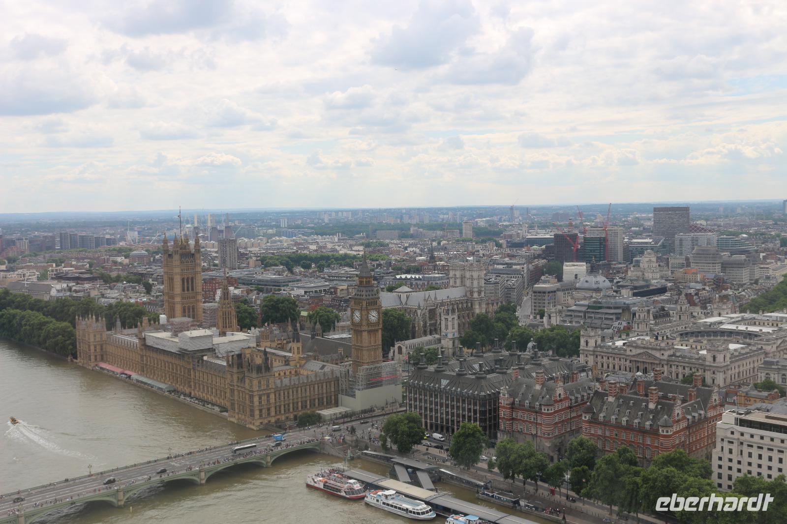 Fahrt mit dem London Eye - Blick auf Londoner Innenstadt mit Houses of Parliament und Big Ben