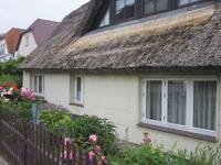 Reetdachhaus in Thiessow mit blühendem Vorgarten