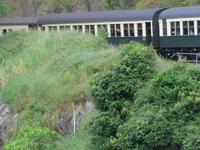 Zug kurz vor großen Eisenbahnbrück übers Tal