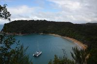 Ausblick auf unseren Katamaran Jamarh in der Pukatea Bay
