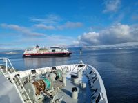 Trondheimfjord - Begegnung mit dem nordwärts gehenden Hurtigrutenschiff 