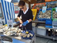 Der Profi öffnet Austern - auf dem Markt in Cancale