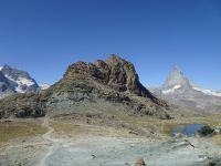Gornergratbahn, Station Rotenboden mit Matterhorn, Riffelhorn und Kleinem Matterhorn (links)