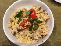 Frühstück am 7. Tag Hirsegrütze mit Champignons und Paprika