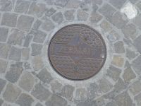 Auch der Kanaldeckel trägt das Markenzeichen.