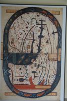 Für moderne Sehgewohnheiten hat man die geostete Karte genordet aufgehängt - im Osten Adam und Eva un Paradies - Weltkarte aus dem Apokalypsenkommentar des Beato de Liébana