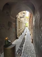 Gasse mit dem Fluß des Lebens in Ljubljana
