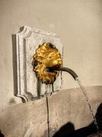 Am Elisenbrunnen fließt das gesunde Wasser mit 53 Grad aus dem Löwenkopf