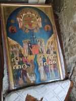 Heiligenbild am Eingang zur Scheunendachkirche