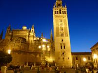 die beleuchtete Kathedrale und der Giralda-Turm in Sevilla