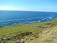 Blaues Meer, weißer Schaum, grüne Wiese, dazu Steine und Mauern und Himmel. Halbinsel Dingle.